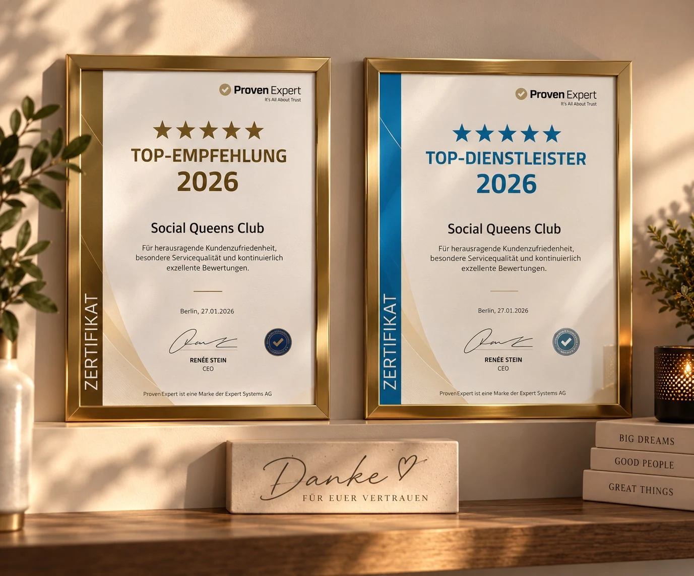 ProvenExpert Zertifikate 2026 des Social Queens Club